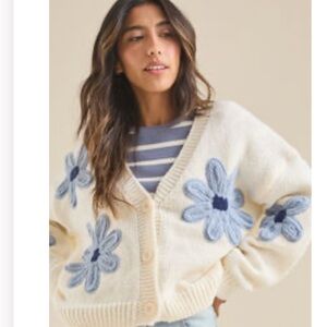 Altar'd State Cream Cardigan with Blue Floral Accents